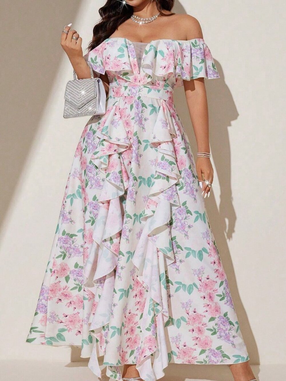 Multicolor Boho Women's Plus Size Off-Shoulder Flutter Sleeves Maxi Dress